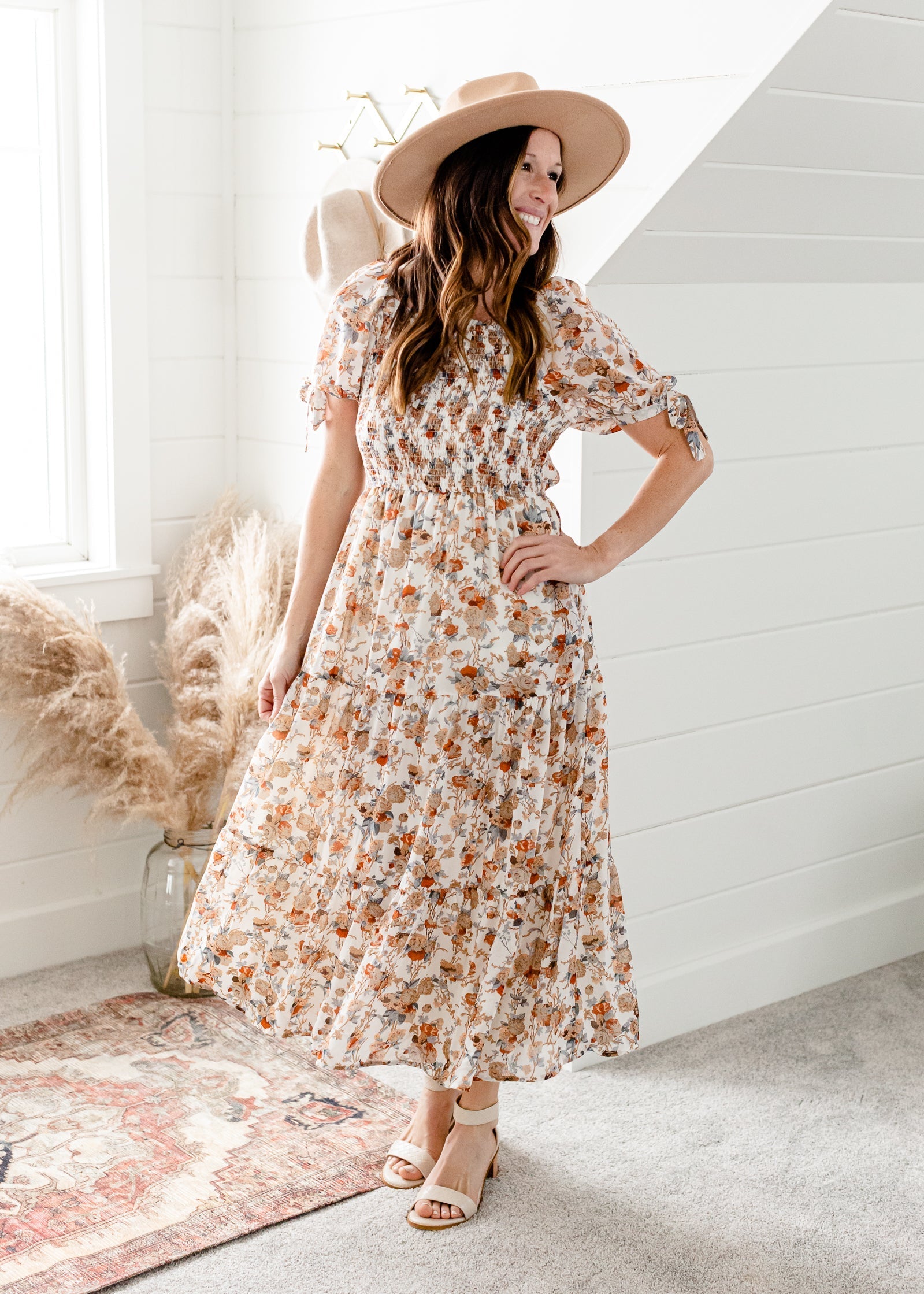 Ivory Floral Tie Sleeve Maxi Dress Dresses