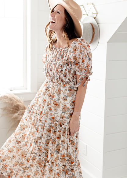 Ivory Floral Tie Sleeve Maxi Dress Dresses