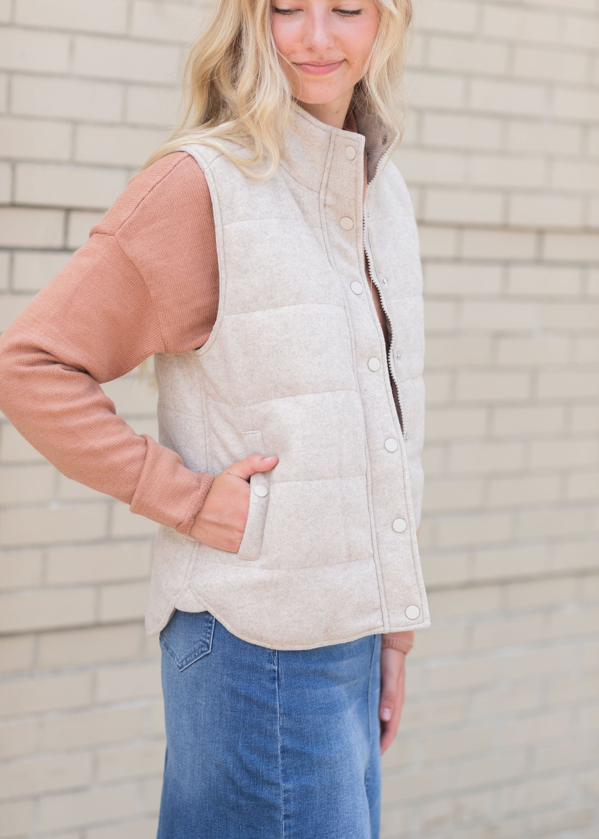 Jacket Vest Polar Collar Hidden Zip Up Tops Oatmeal / S