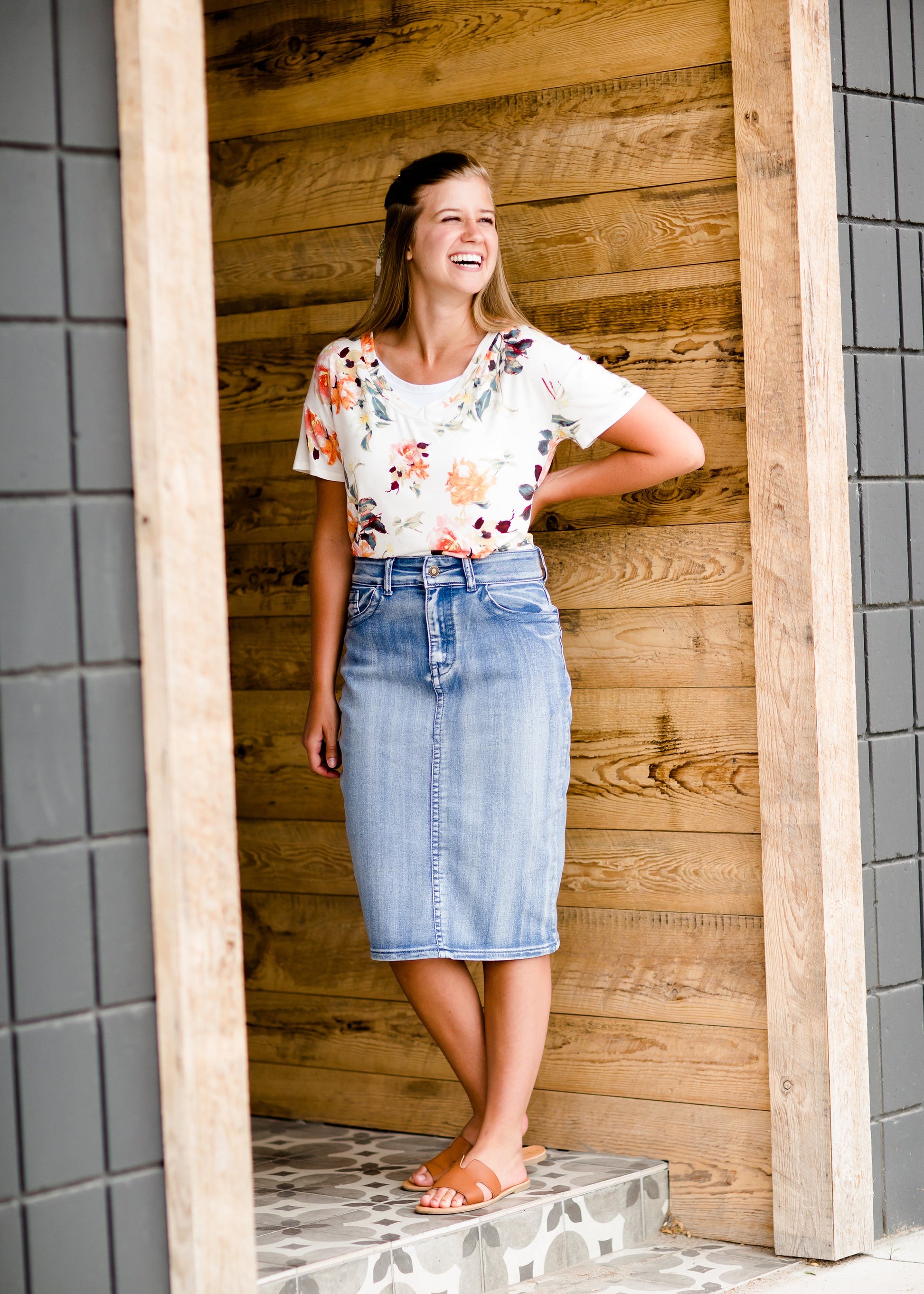 Modest cream tee with multi-colored floral detail 