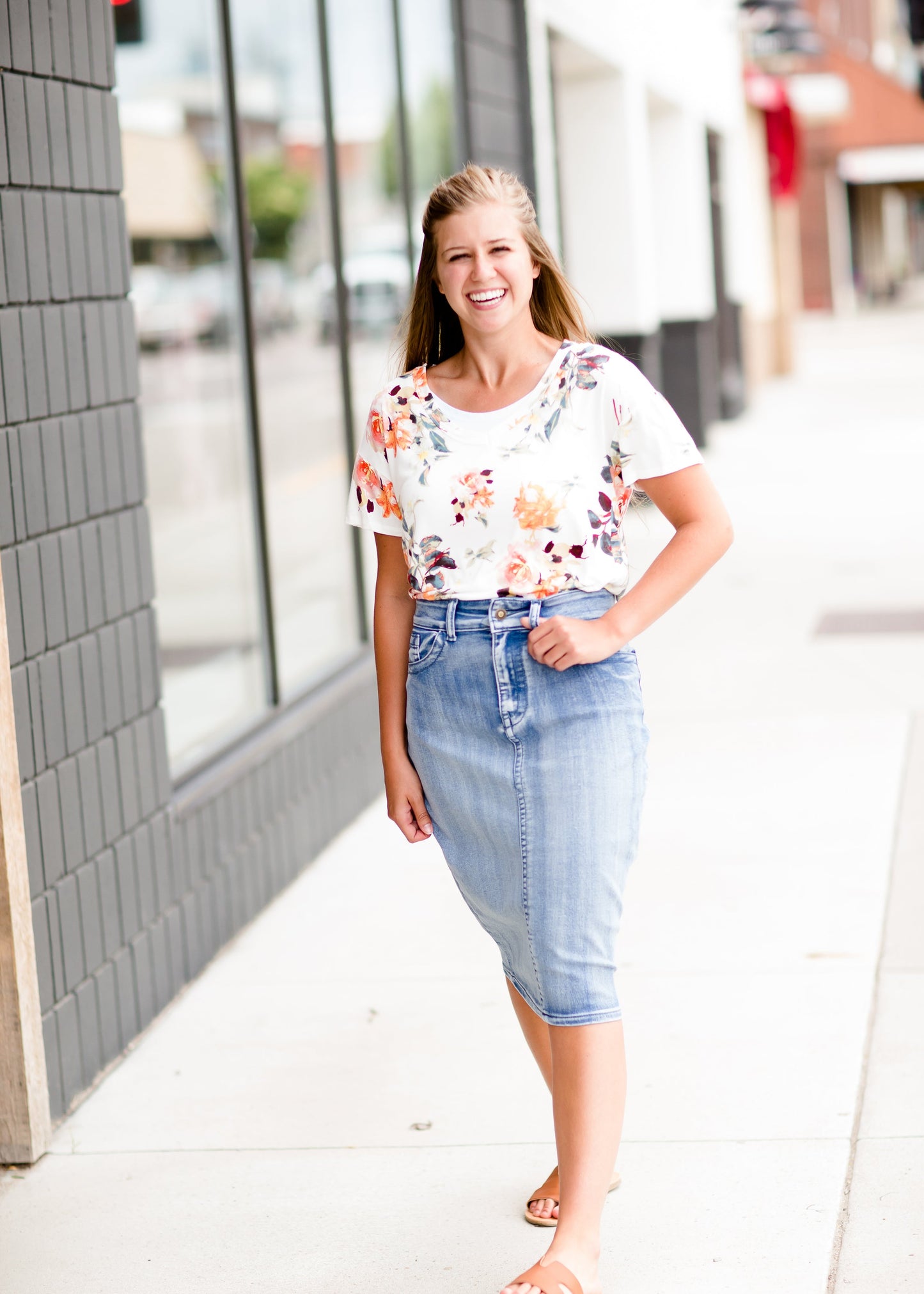 Modest cream tee with multi-colored floral detail 