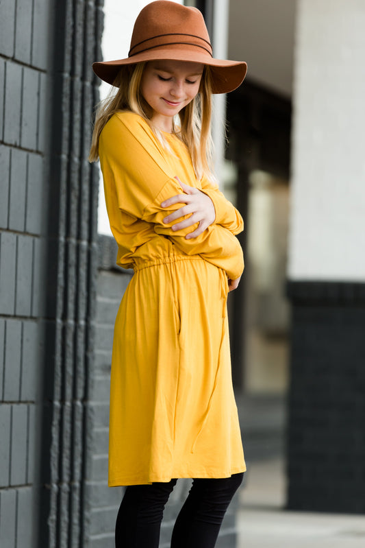 Knit Drawstring Mustard Midi Dress - FINAL SALE Dresses