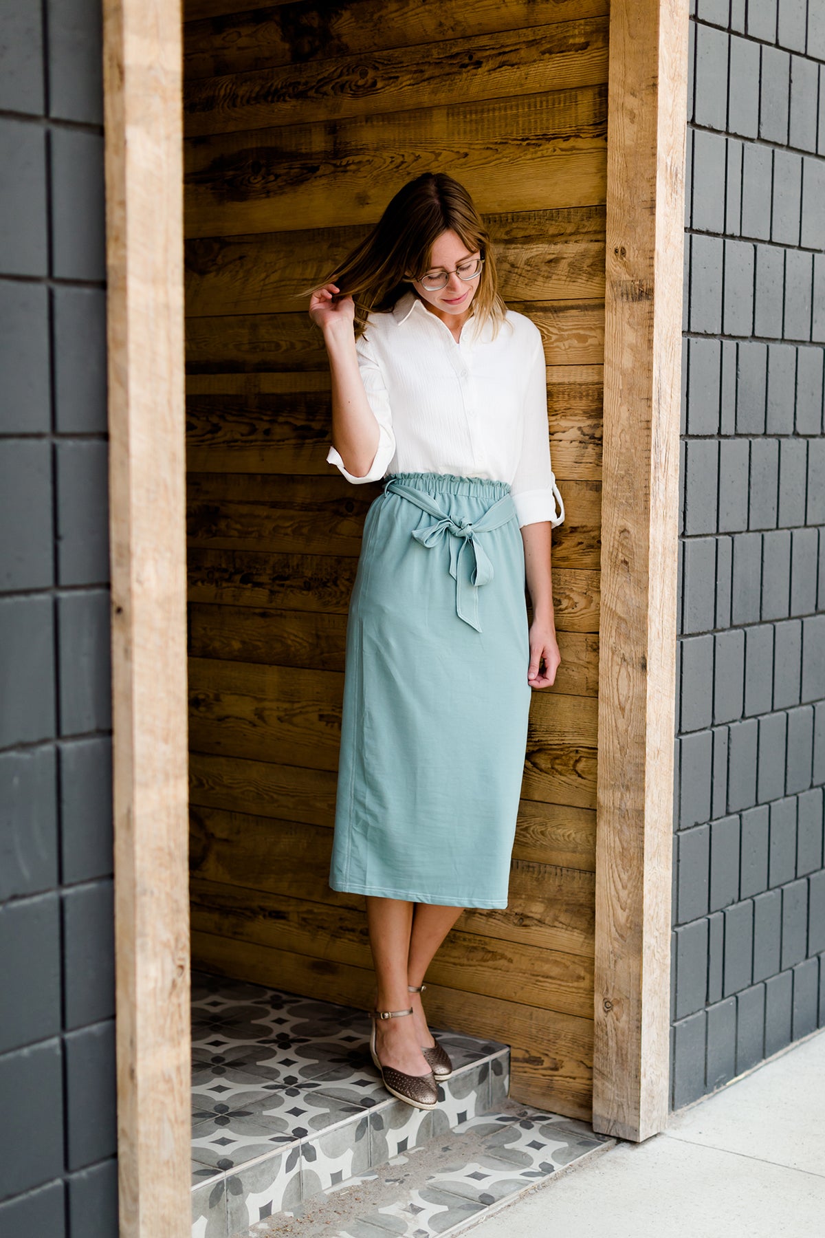 midi knit pencil paper bag skirt