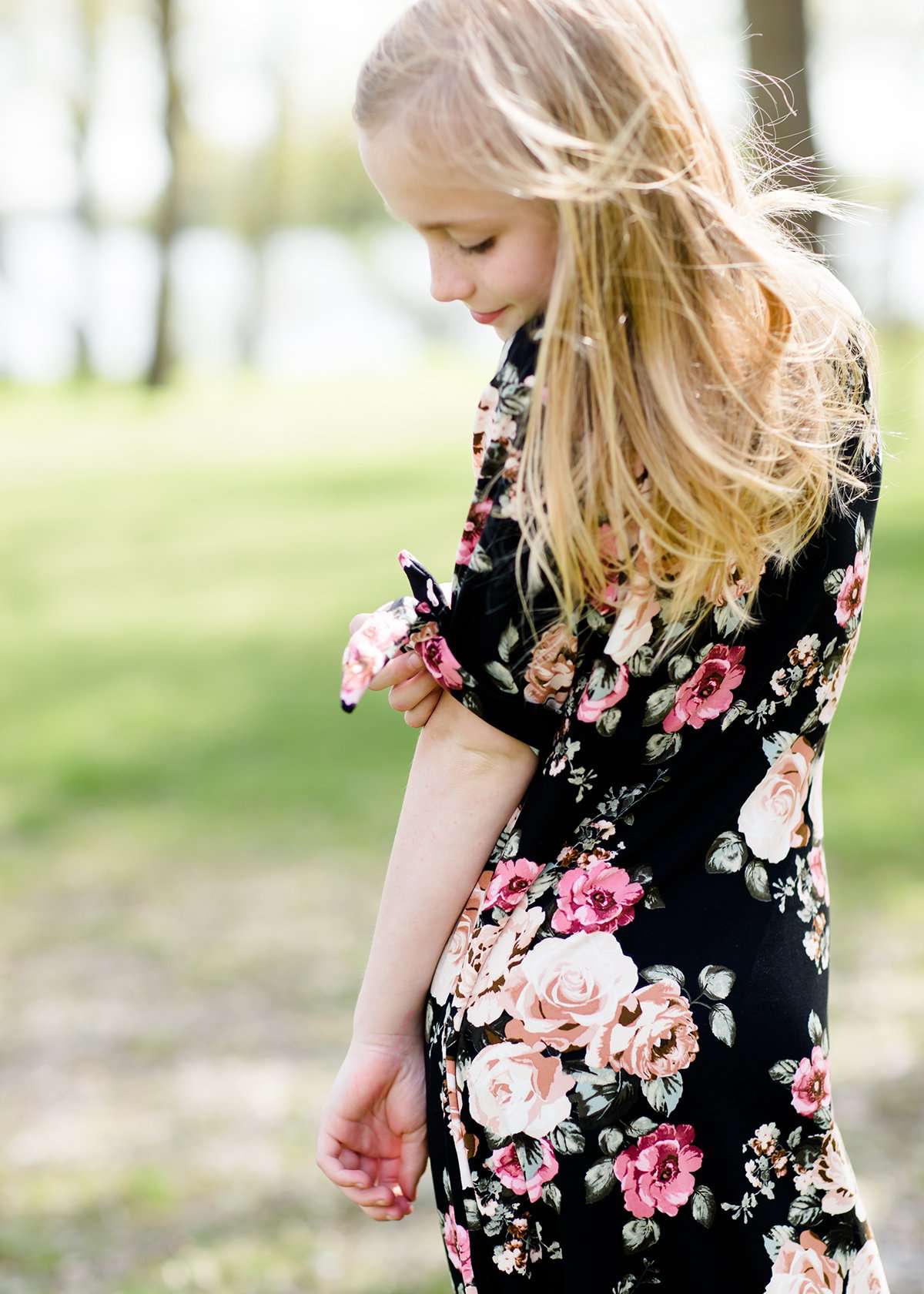 girls black and floral modest midi dress