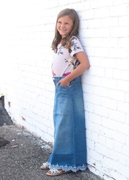 Girls long denim skirt with lace detail and no slit