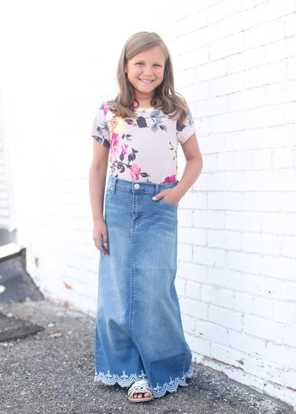 Girls long denim skirt with lace detail and no slit