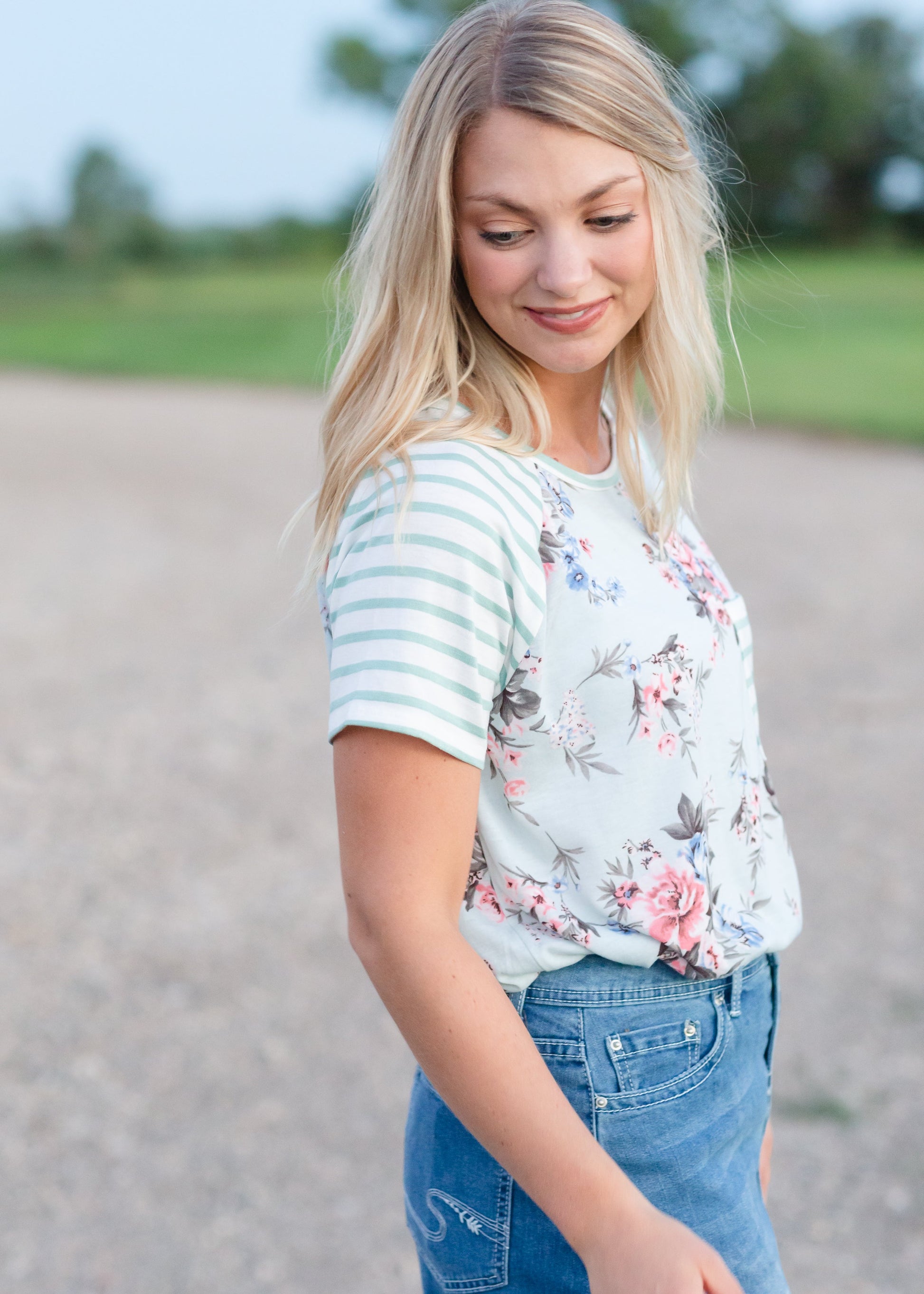 Light Blue Floral + Striped Top - Final Sale Tops