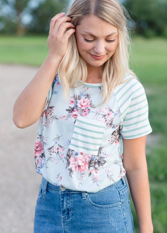 Light Blue Floral + Striped Top - Final Sale Tops