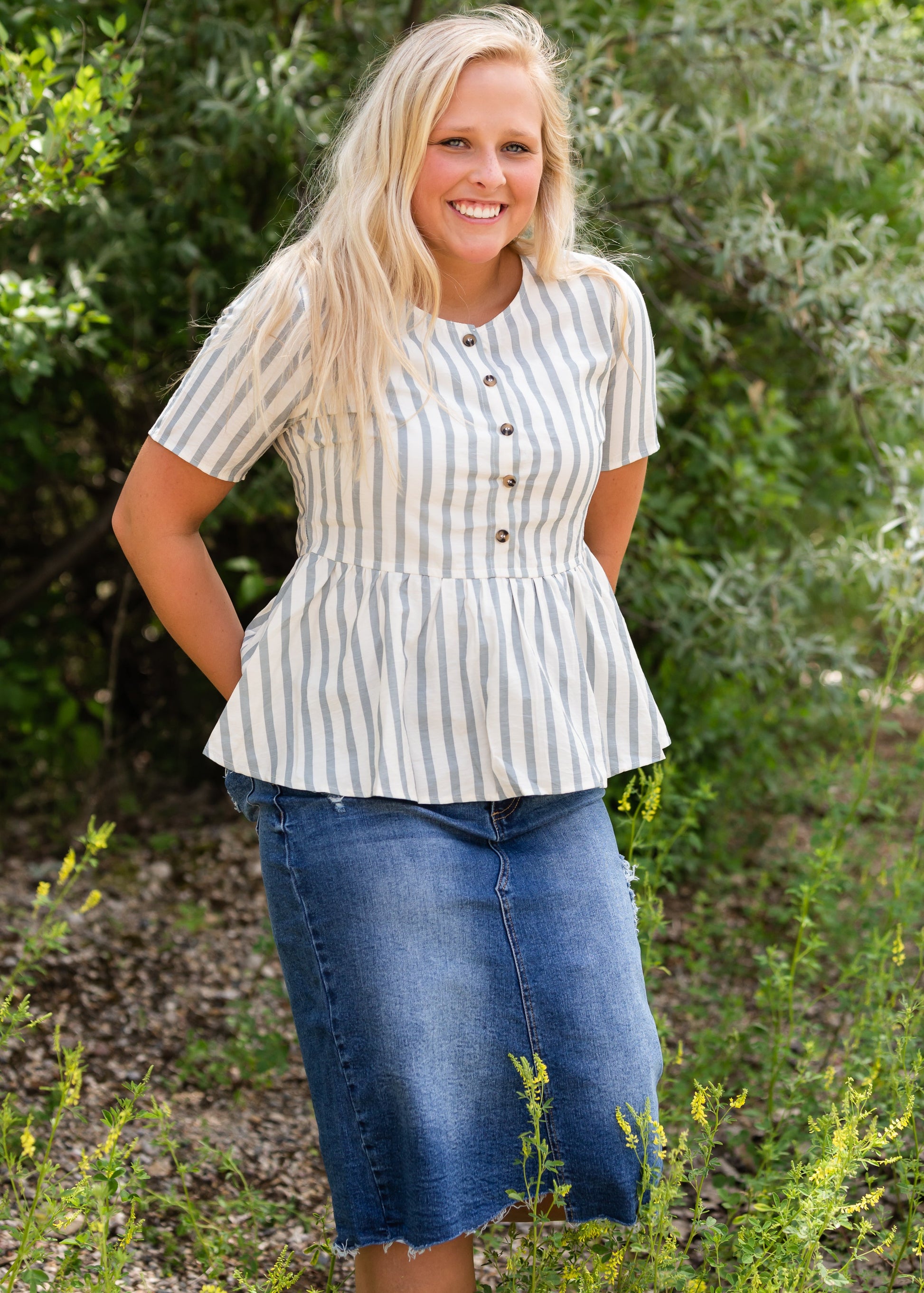 Light Blue Striped Peplum Top Tops