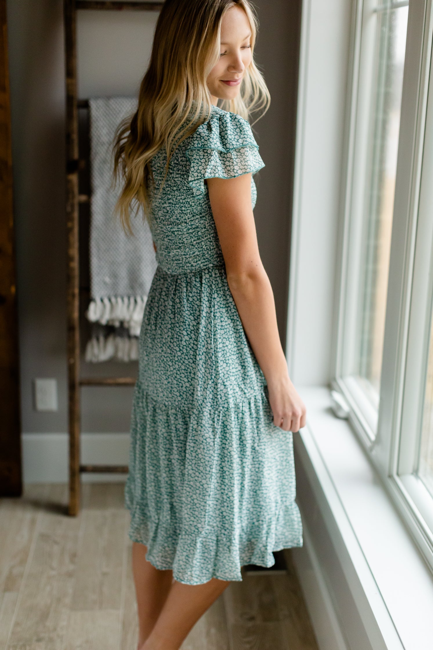 Light Teal Smocked Tiered Midi Dress Dresses