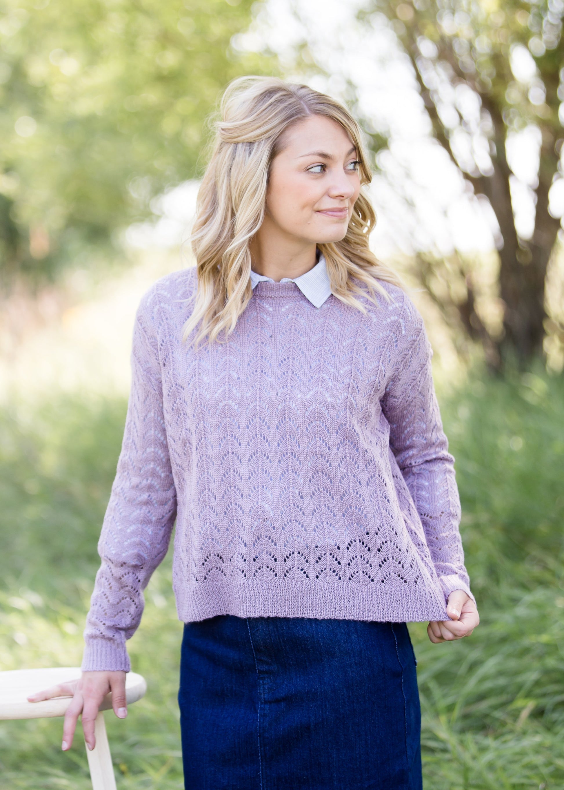 lavender crochet knit long sleeve sweater