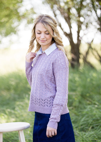 lavender crochet knit long sleeve sweater