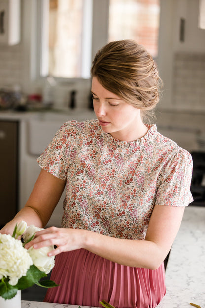 Lightweight Floral Ruffle Neck Blouse Tops