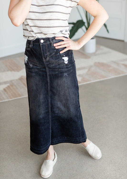 Long Black Denim Distressed Jean Skirt Skirts G-Gossip Apparel