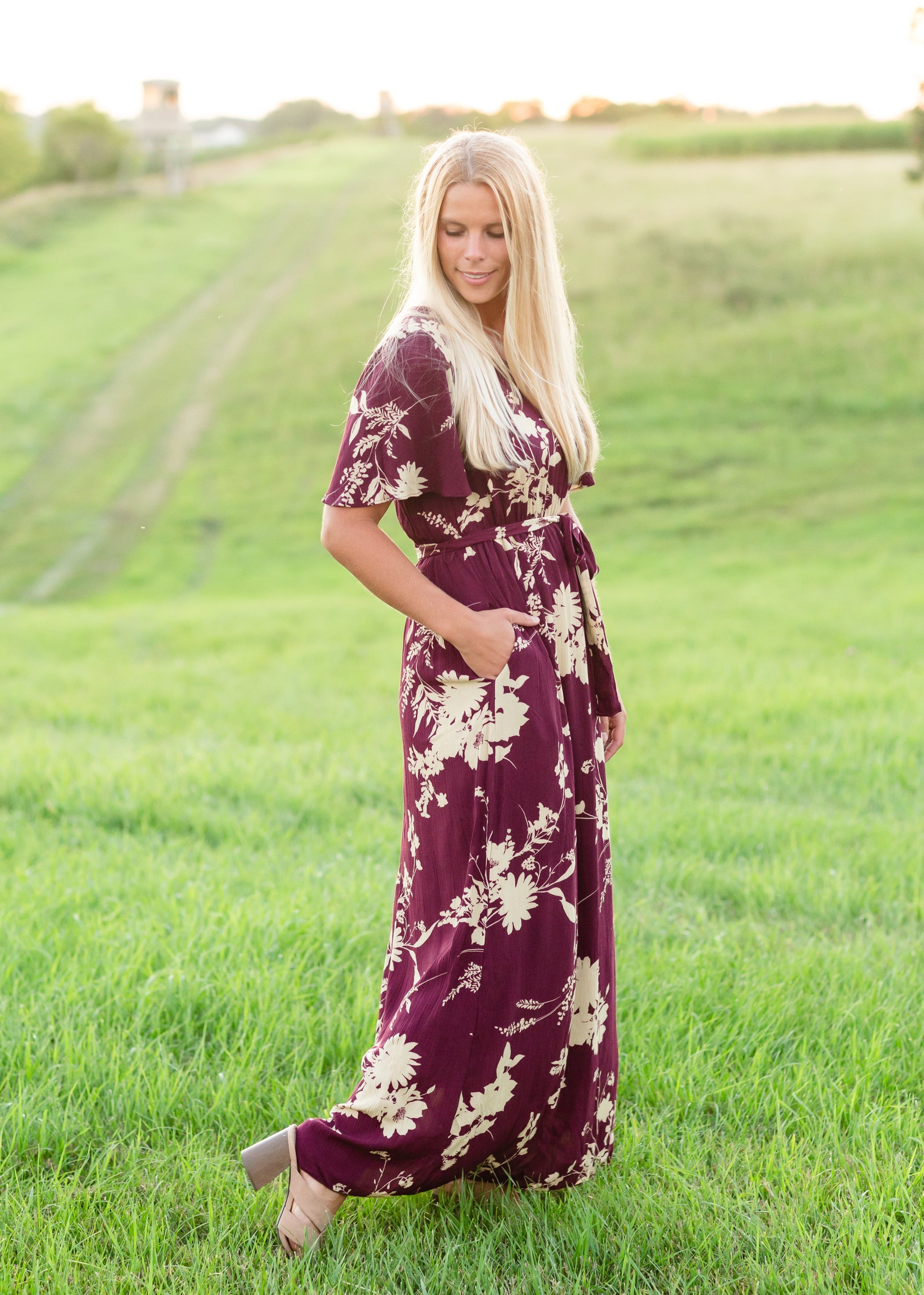 Floral Flutter Sleeve Plum Maxi Dress Dresses