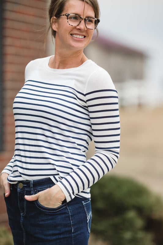 Long Sleeve Classic Navy Stripe Crew Neck Top - FINAL SALE Tops