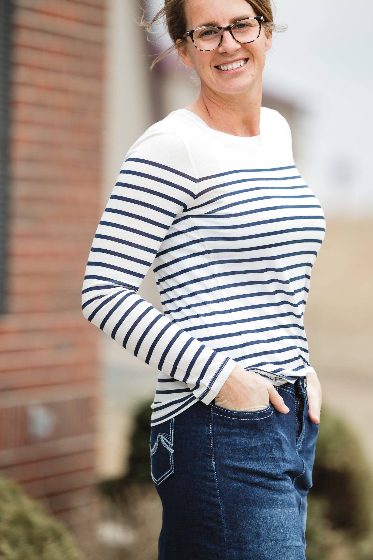 Long Sleeve Classic Navy Stripe Crew Neck Top - FINAL SALE Tops