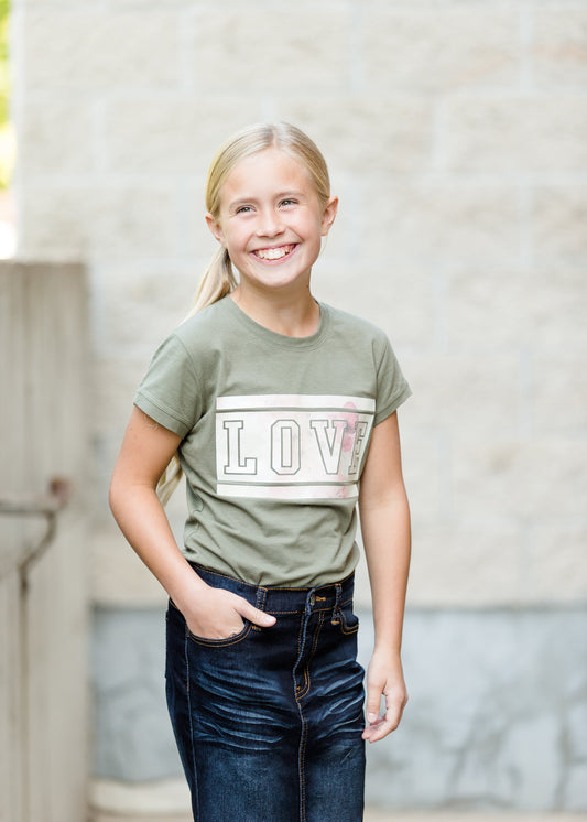 girls olive LOVE gold foil graphic tee