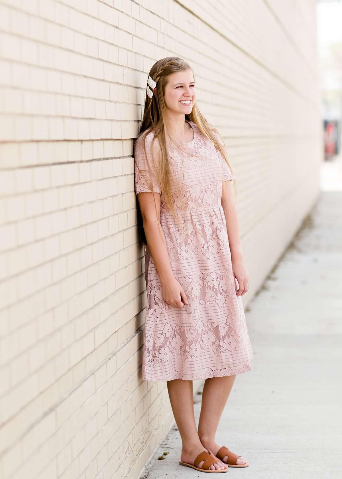 women's modest mauve lace midi dress