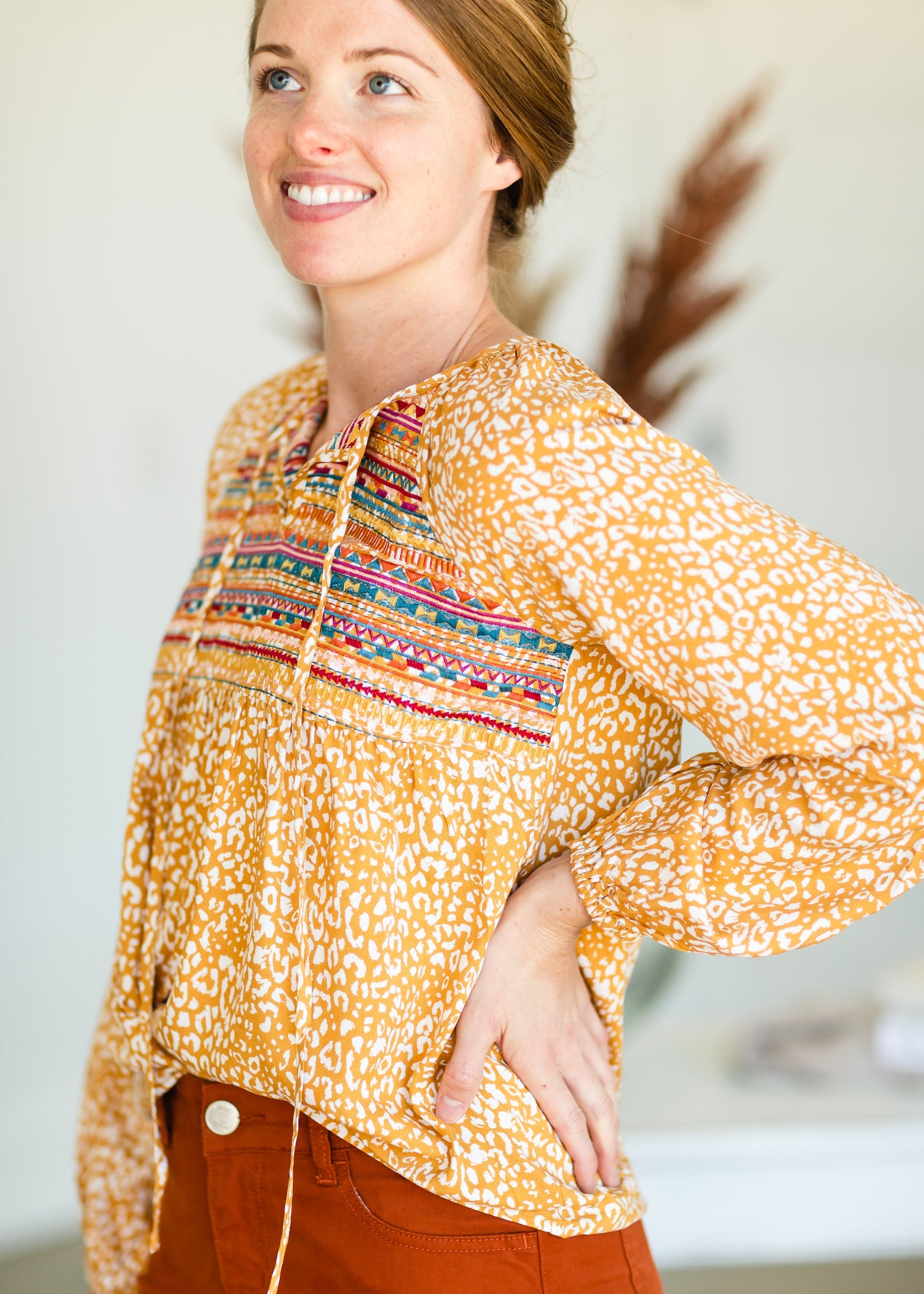 Marigold Embroidered Tie Front Top - FINAL SALE Tops