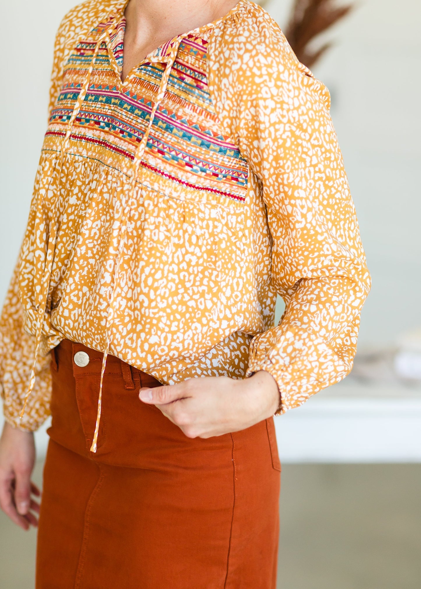 Marigold Embroidered Tie Front Top - FINAL SALE Tops