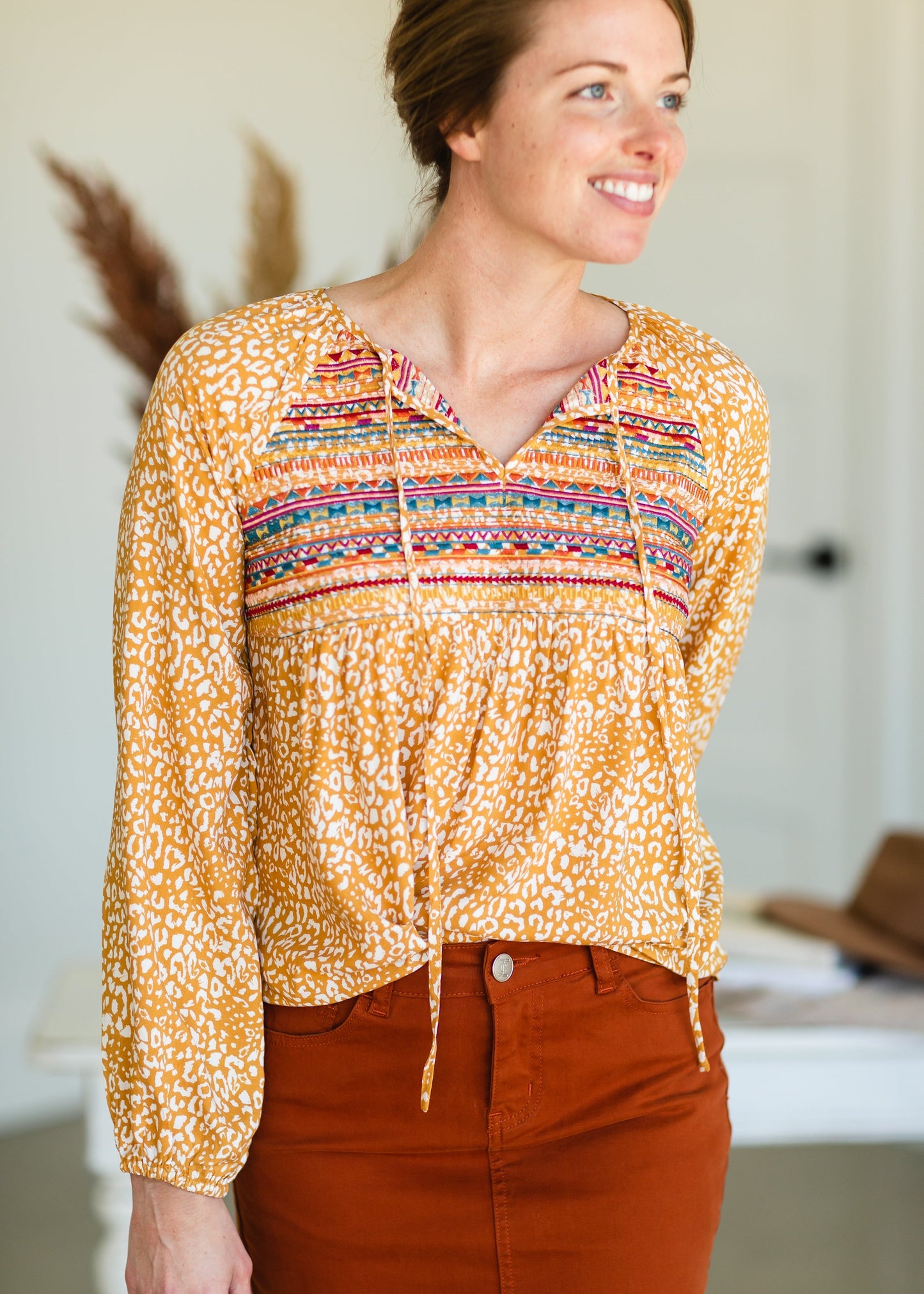 Marigold Embroidered Tie Front Top - FINAL SALE Tops