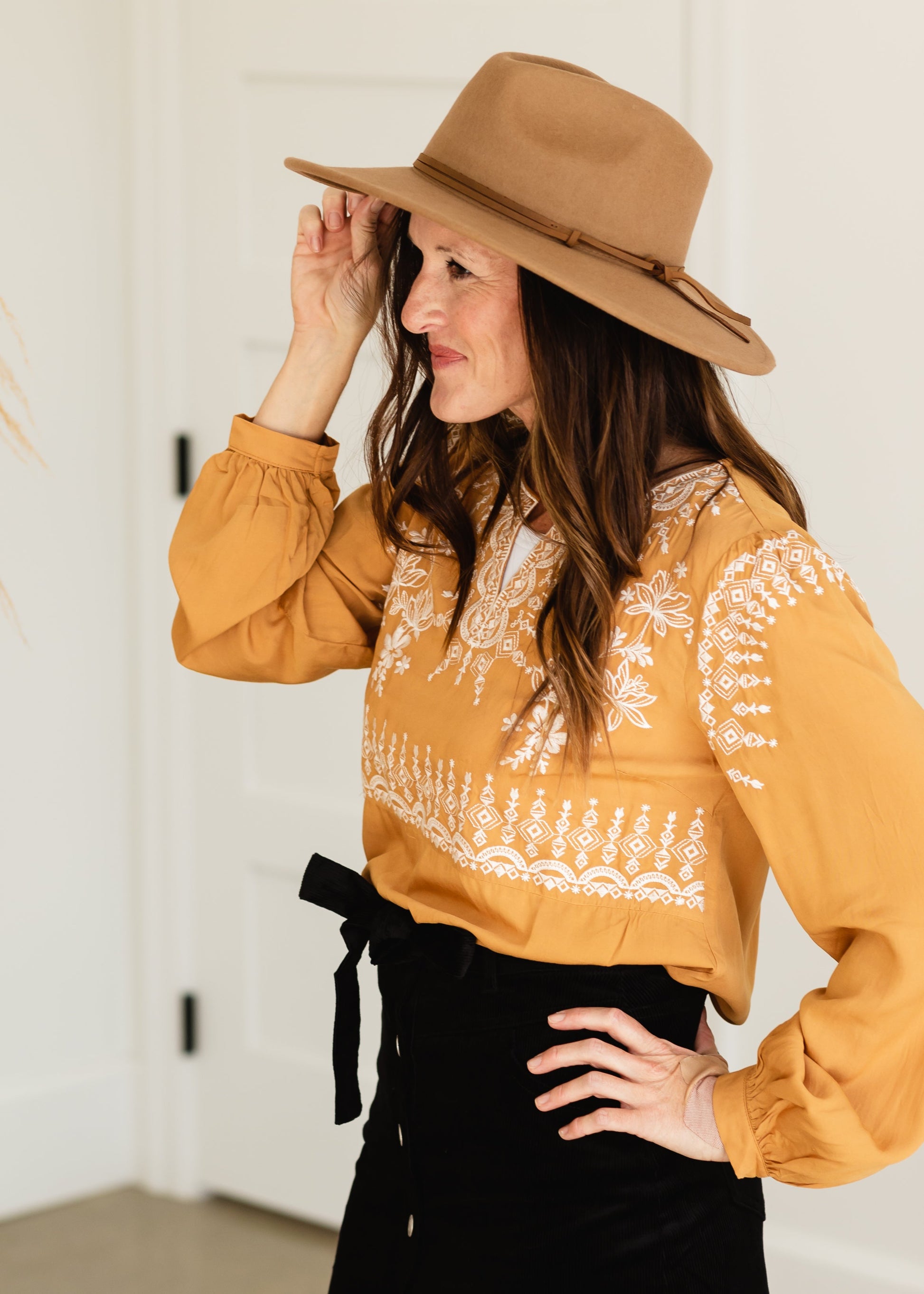 Marigold Embroidered V-Neck Top - FINAL SALE Tops