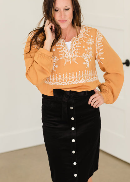 Marigold Embroidered V-Neck Top - FINAL SALE Tops