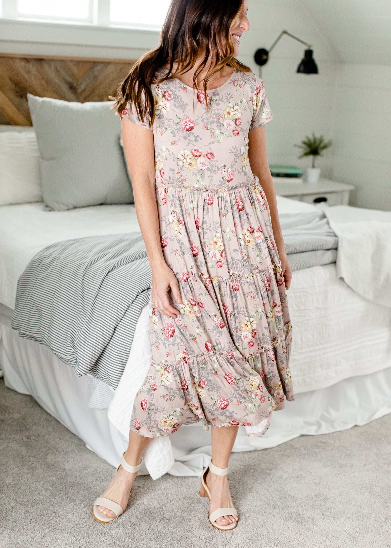 Mauve Floral Tiered Midi Dress Dresses