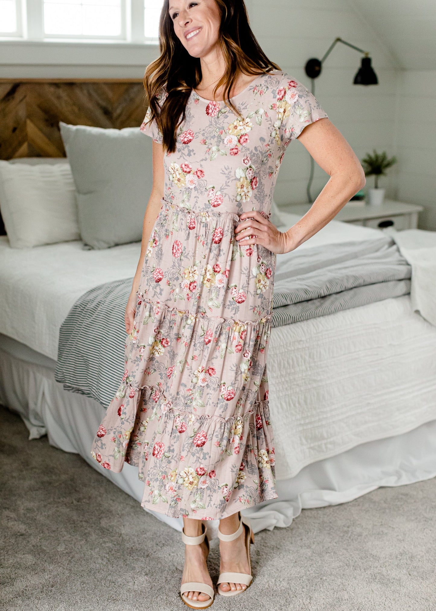 Mauve Floral Tiered Midi Dress Dresses