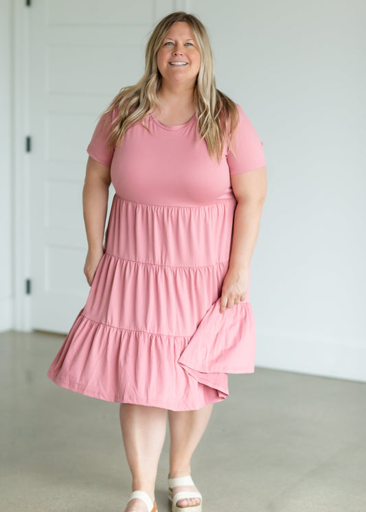 Mauve Short Sleeve Tiered Midi Dress Dresses