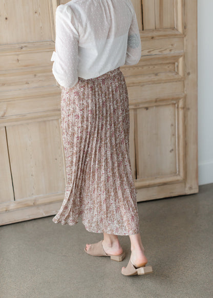 Mocha Pleated Ditsy Print Skirt Skirts Wishlist