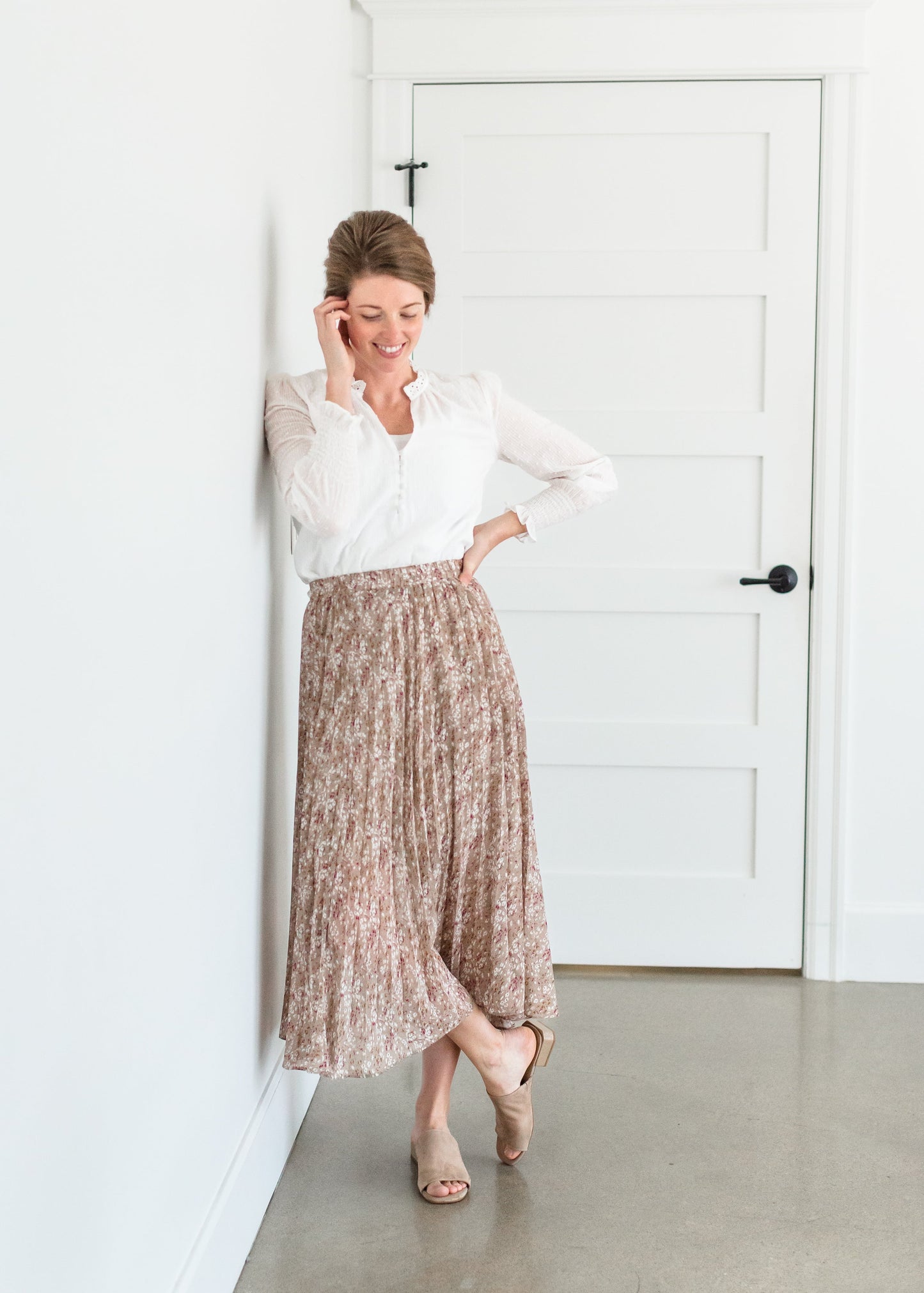 Mocha Pleated Ditsy Print Skirt Skirts Wishlist