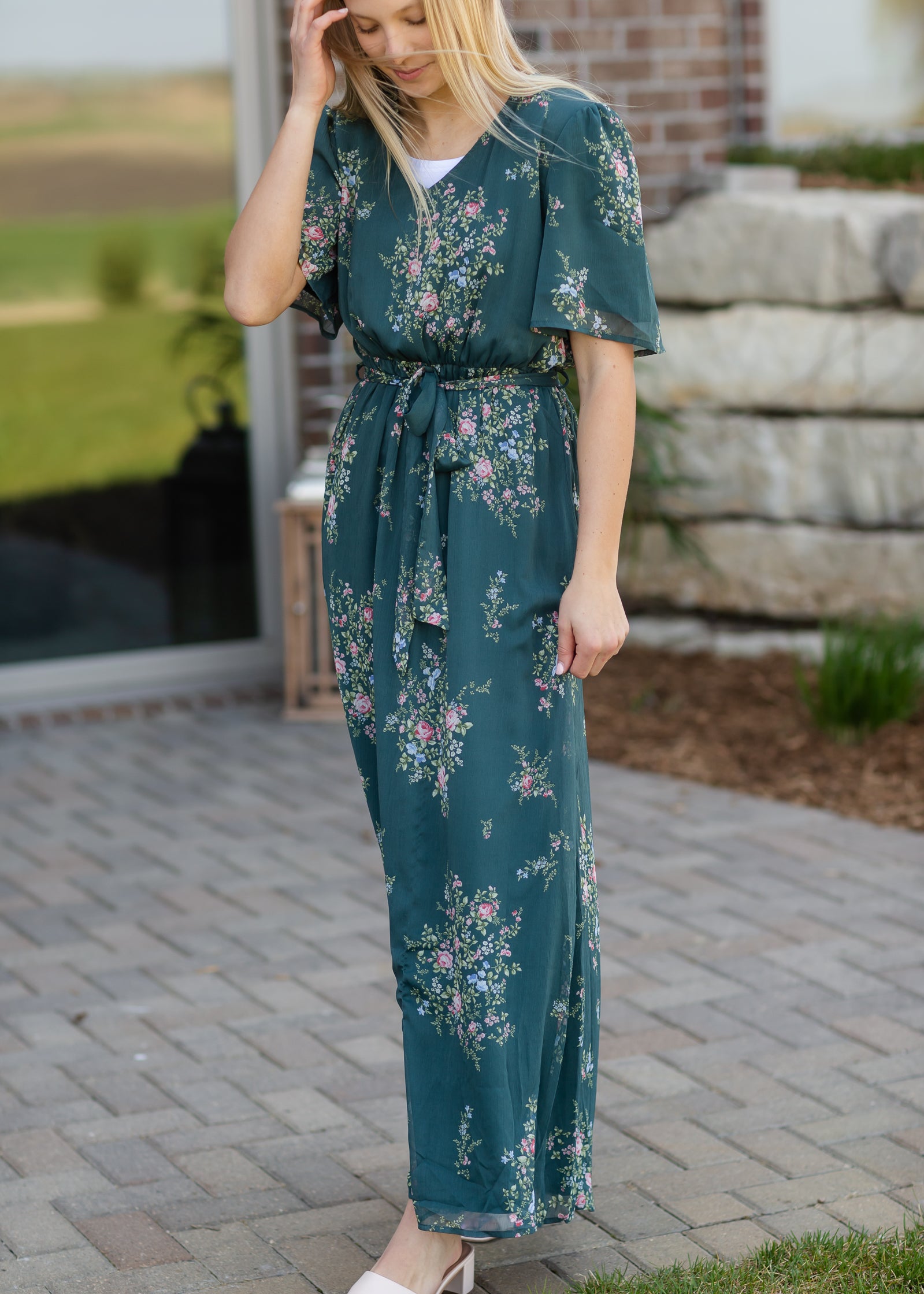 Moss Green Floral Maxi Dress Dresses