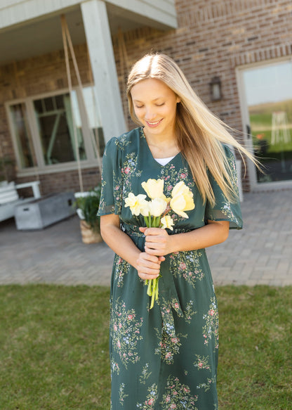 Moss Green Floral Maxi Dress Dresses