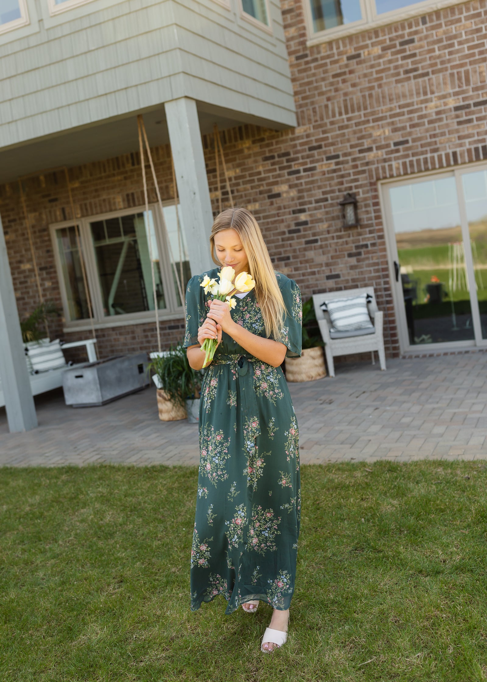 Moss Green Floral Maxi Dress Dresses