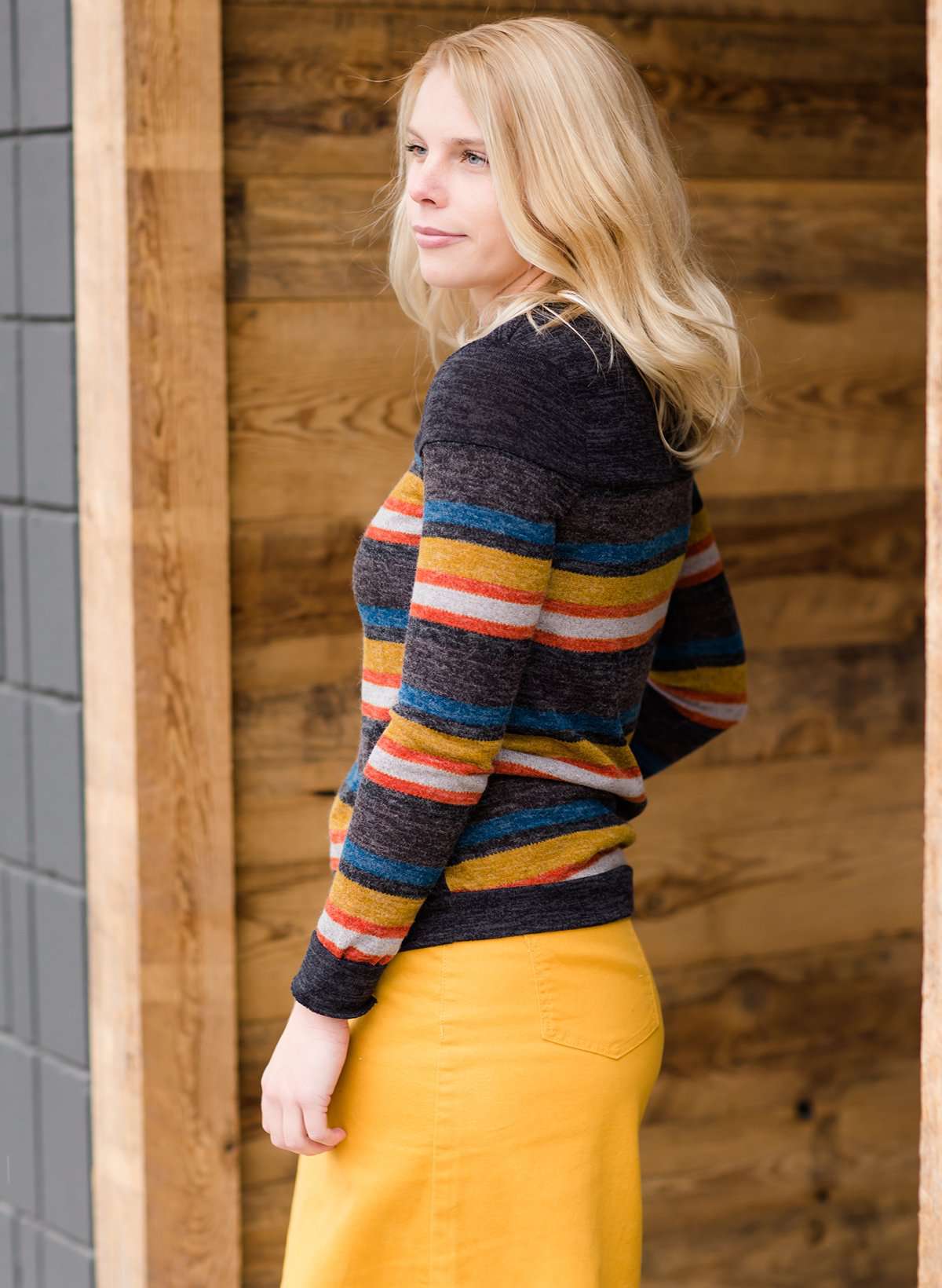 Women's modest multi striped mustard red blue sweater