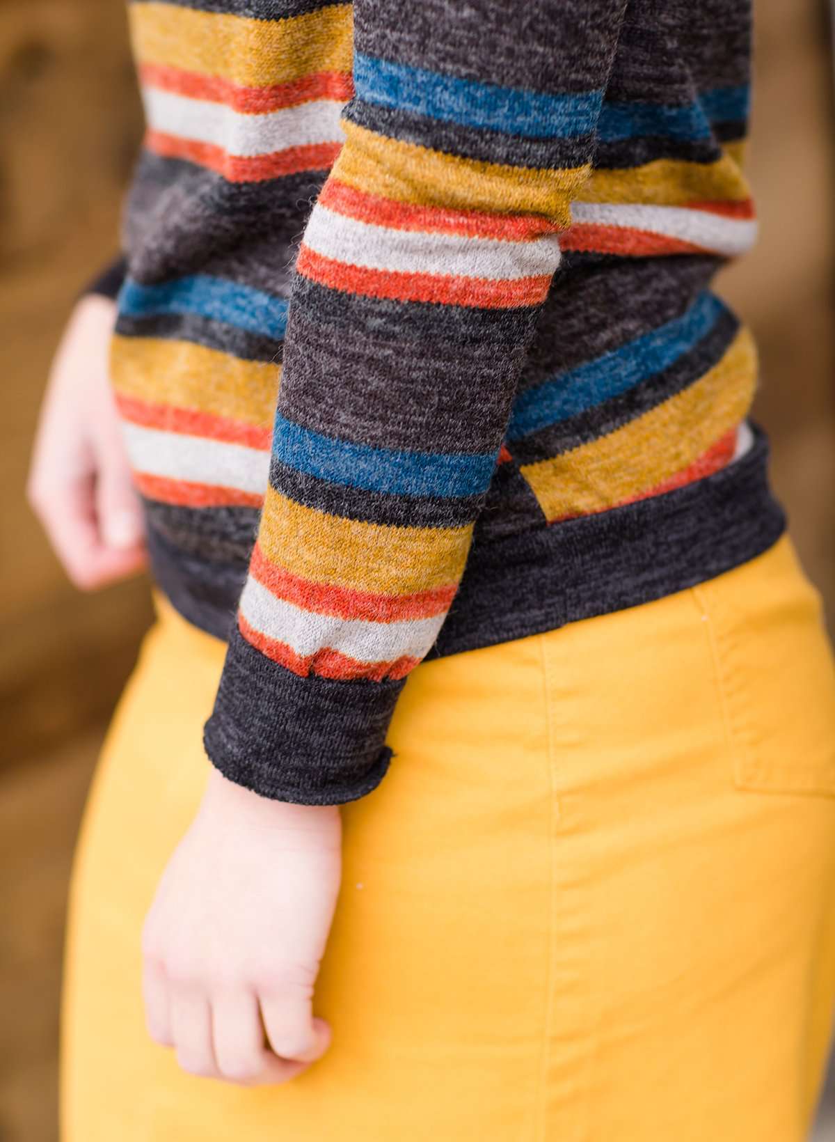 Women's modest multi striped mustard red blue sweater