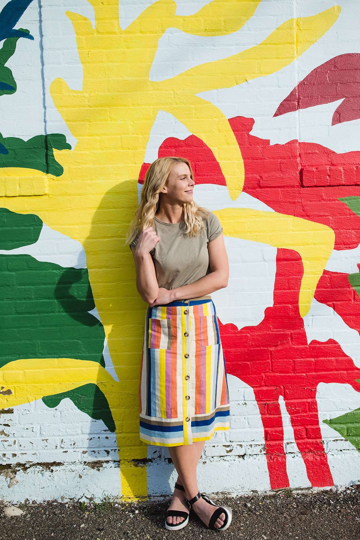 Multi colored flowy below the knee striped knit skirt