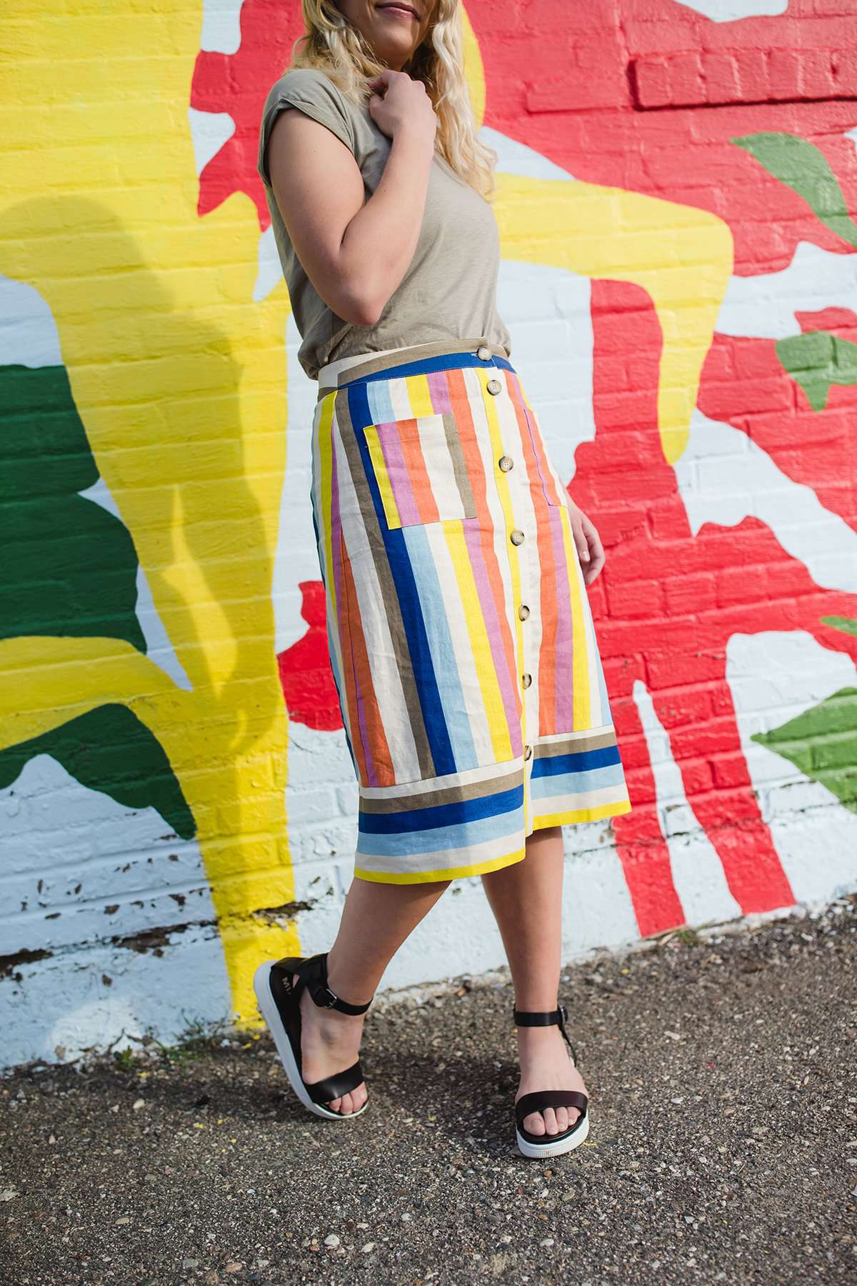 Multi colored flowy below the knee striped knit skirt