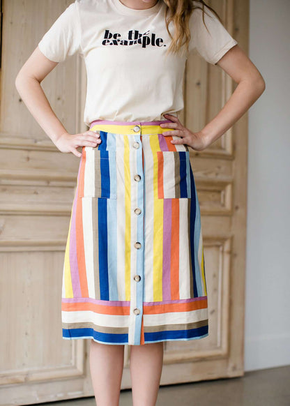 Multi colored flowy below the knee striped knit skirt