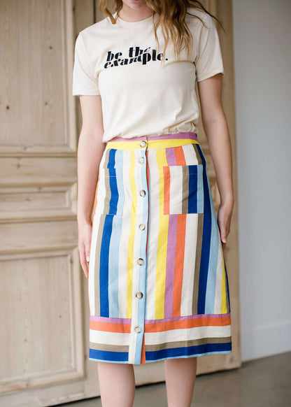 Multi colored flowy below the knee striped knit skirt