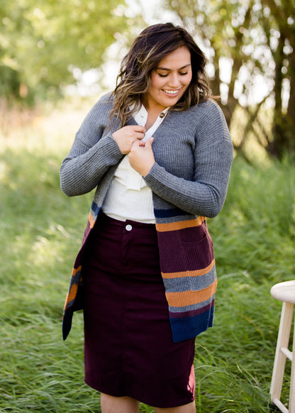 Long knit charcoal womens cardigan with orange and burgundy stripes