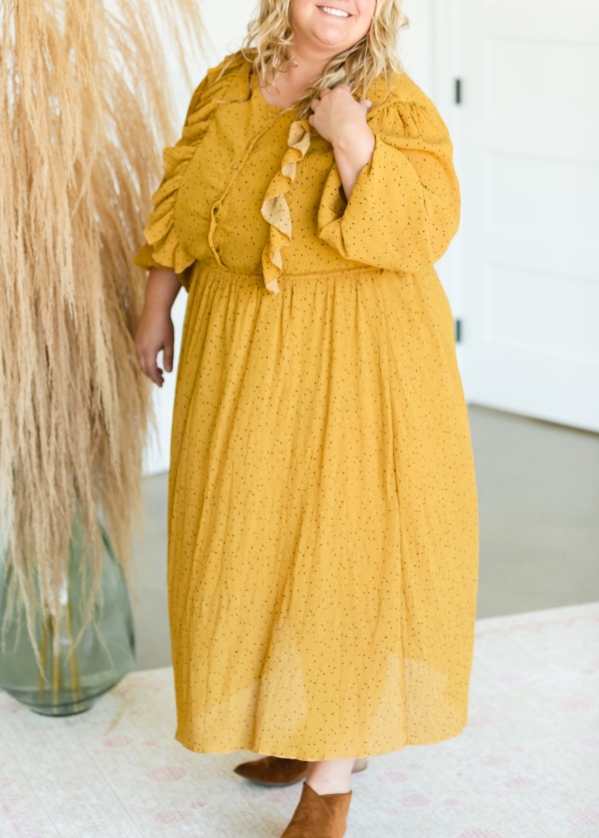 Mustard Button Front Ruffle Maxi Dress - FINAL SALE Dresses