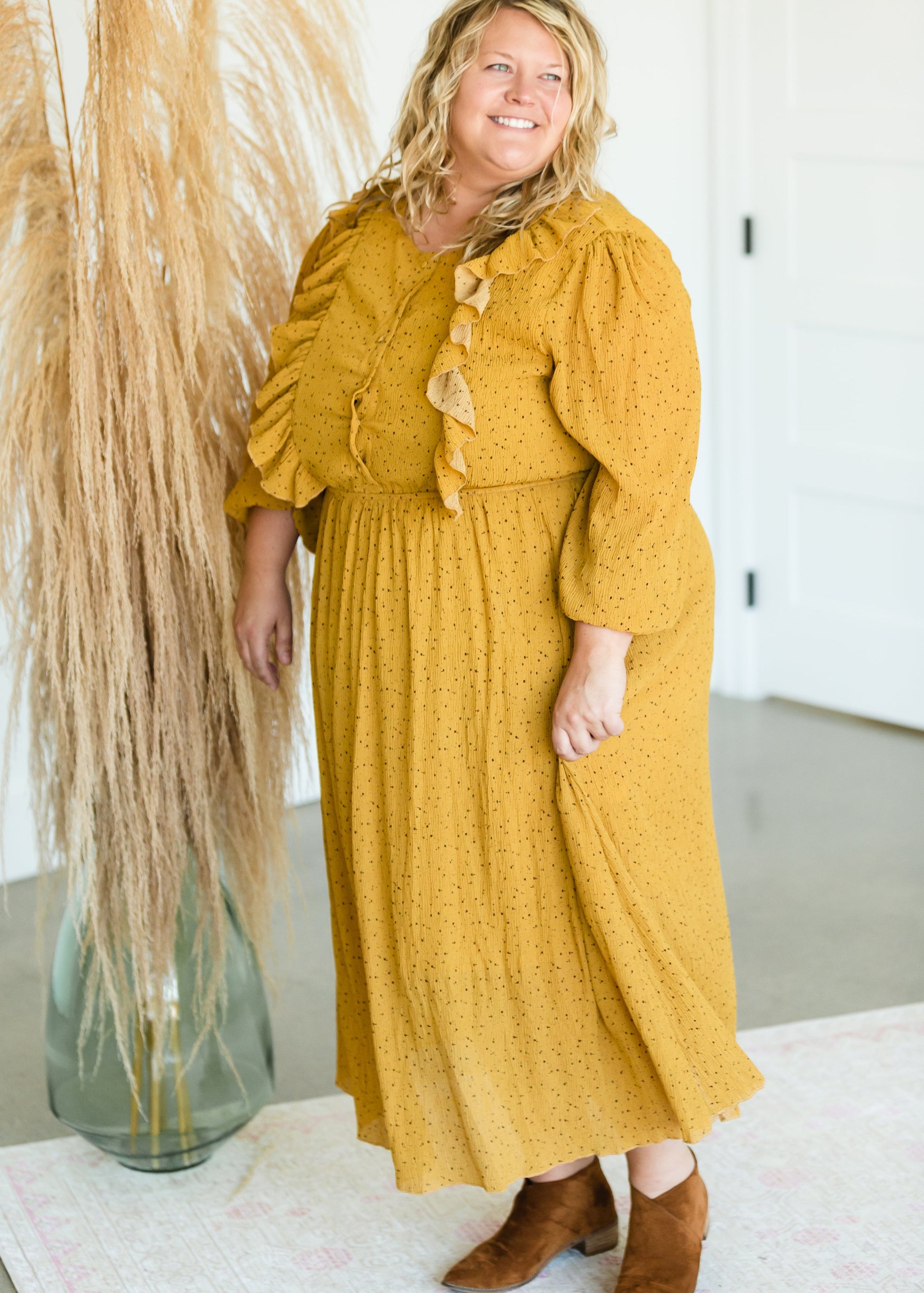 Mustard Button Front Ruffle Maxi Dress - FINAL SALE Dresses