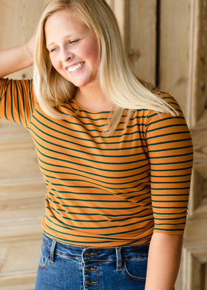 Mustard + Emerald Striped 3/4 Top - FINAL SALE Tops