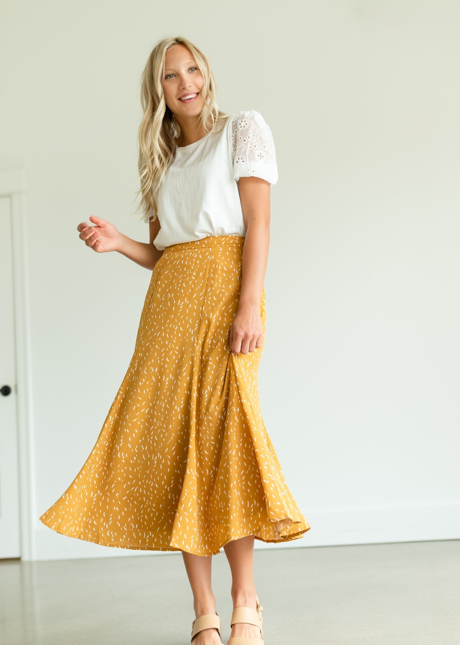 Mustard Flare Printed Midi Skirt Skirts