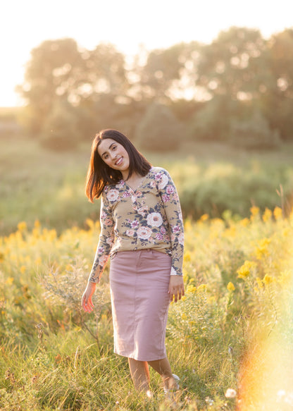 Mustard Floral Faux Button Top Tops BomBom