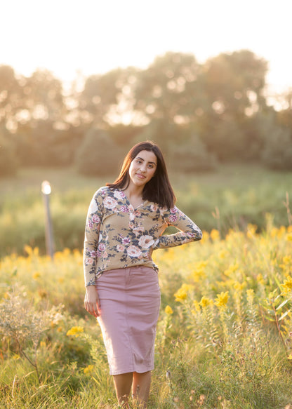 Mustard Floral Faux Button Top Tops BomBom