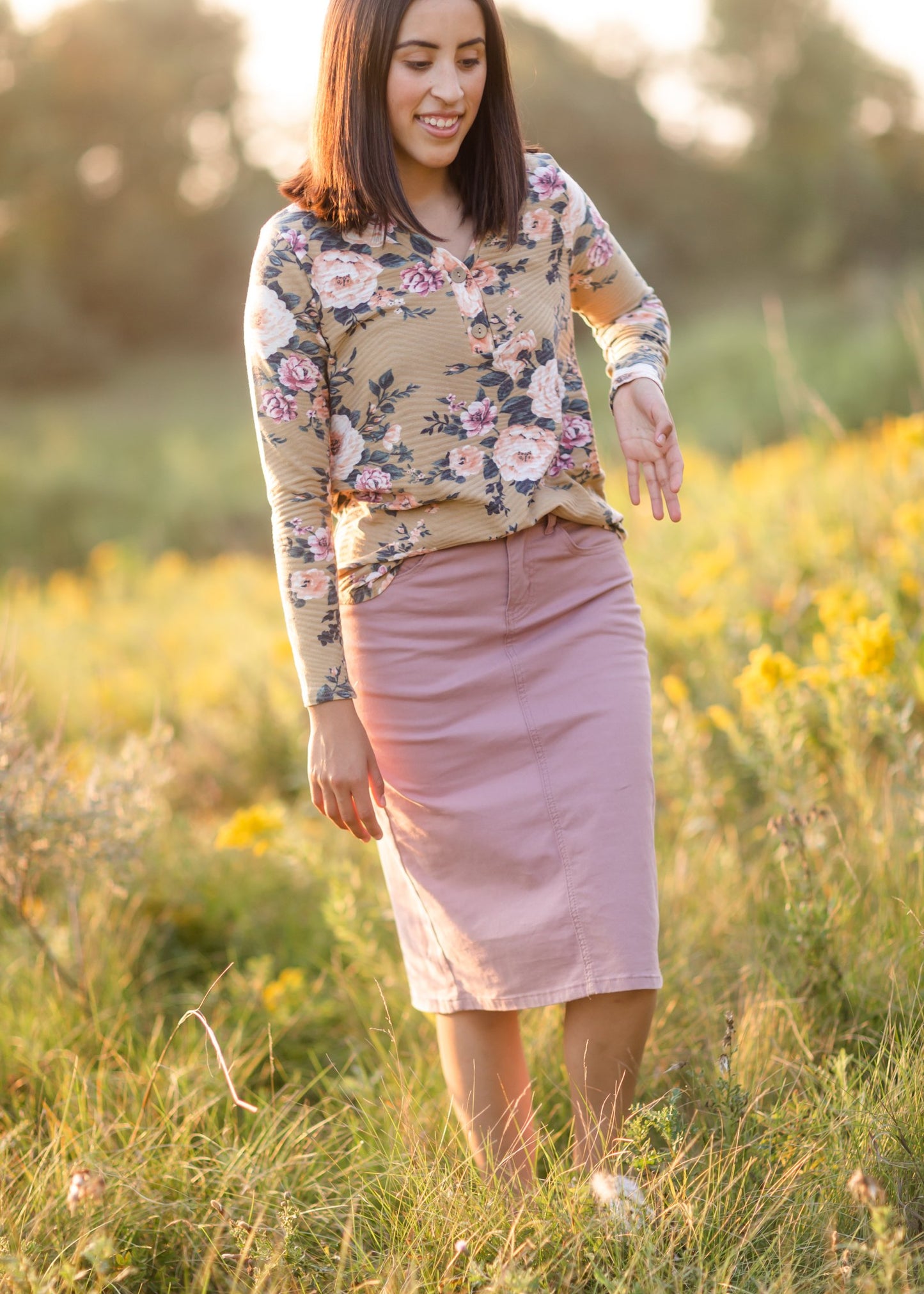 Mustard Floral Faux Button Top Tops BomBom